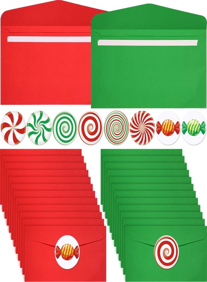 Fullhawl 100 Pieces #10 Christmas Envelopes Green and Red Envelopes with 120 Pieces Christmas Peppermint Candy Seal Stickers Self Adhesive Greeting Card Pockets for Holiday Mail Gift Wrapping - Image 1