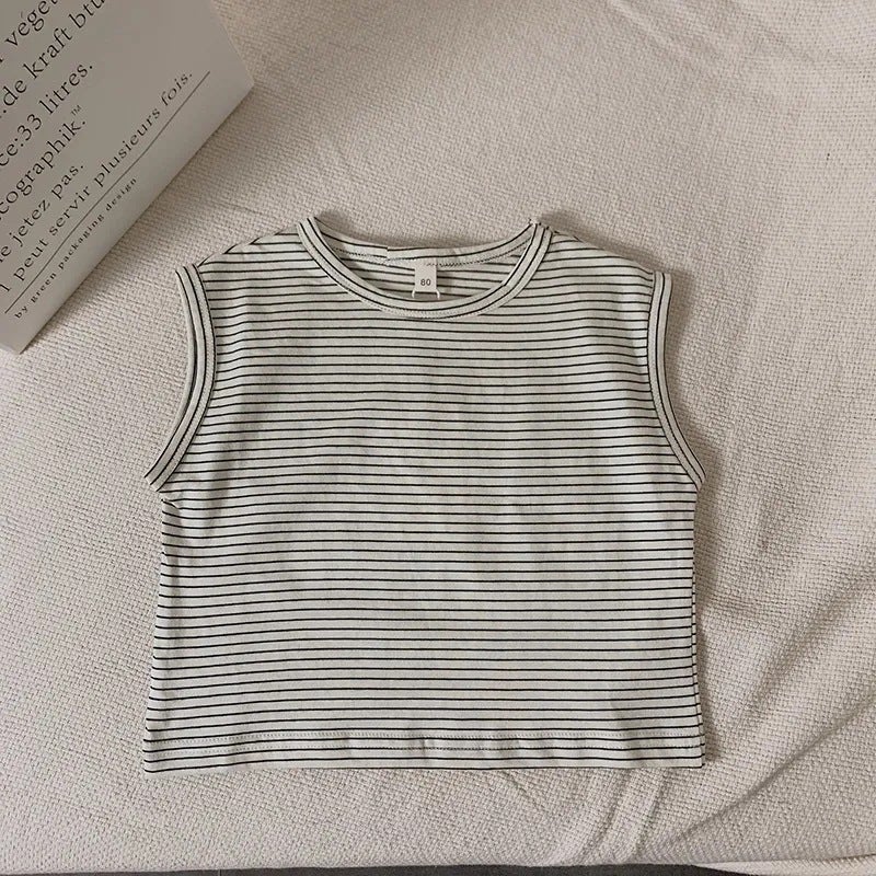 Retro Western Style Boys' Vest Summer Pure Cotton Sleeveless Girls Striped T-Shirt Children'S Outer Wear Top Baby Korean Style Trendy - Image 1