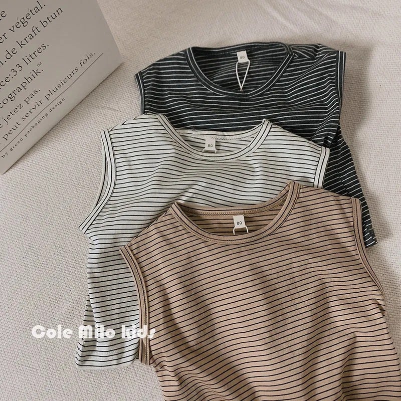 Retro Western Style Boys' Vest Summer Pure Cotton Sleeveless Girls Striped T-Shirt Children'S Outer Wear Top Baby Korean Style Trendy - Image 2