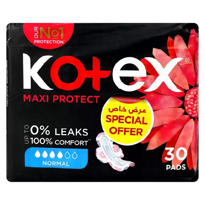 Kotex Maxi Protect Normal Slim Pads, Anti-Leak Channel With 100percent Comfort- 30 Pads
