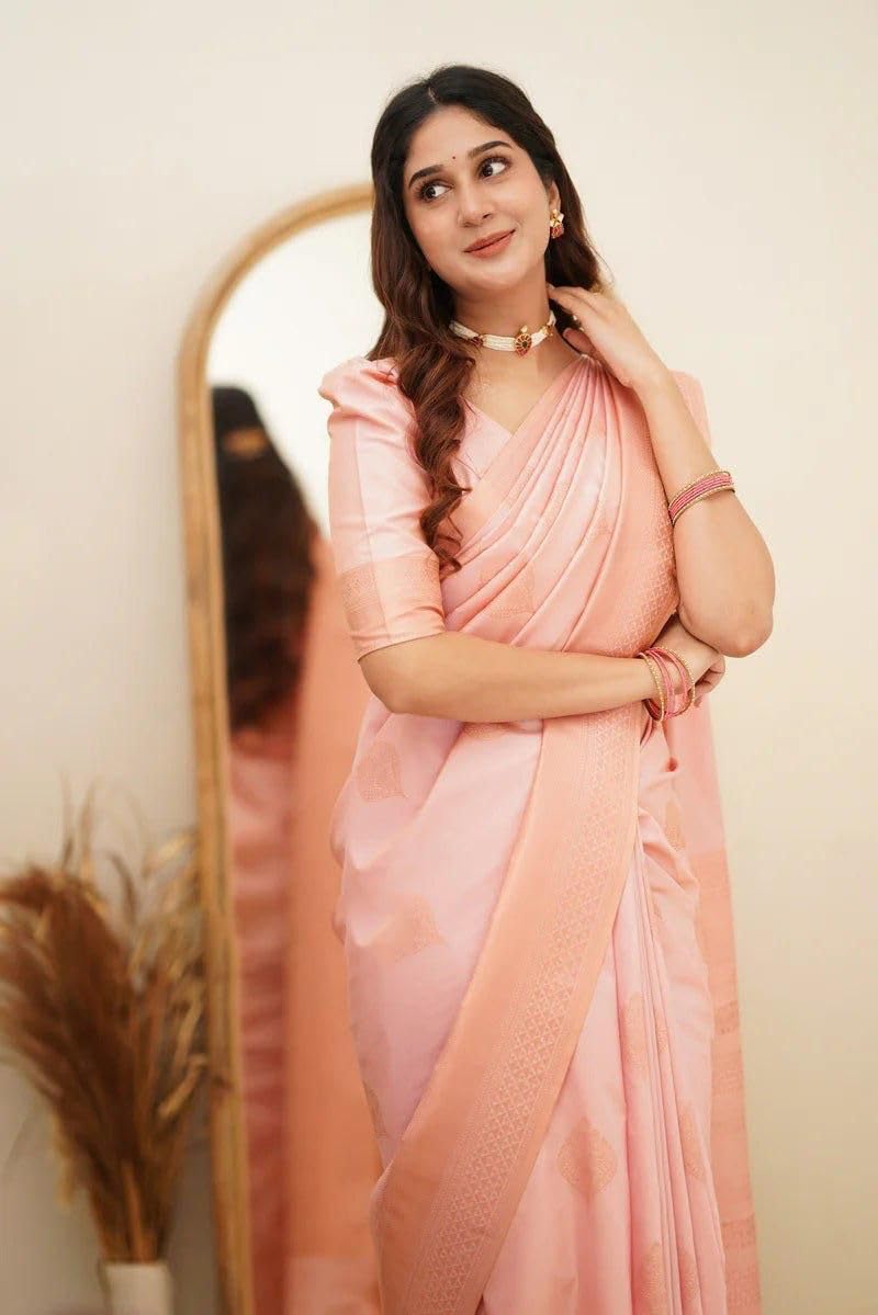 Vivatra Women Banarasi Soft Silk Saree | Jacquard Weaving with Rich Pallu & Border | Includ Matching Utitched Blouse Piece (VT-KP-6015-Light Pink) - Image 4