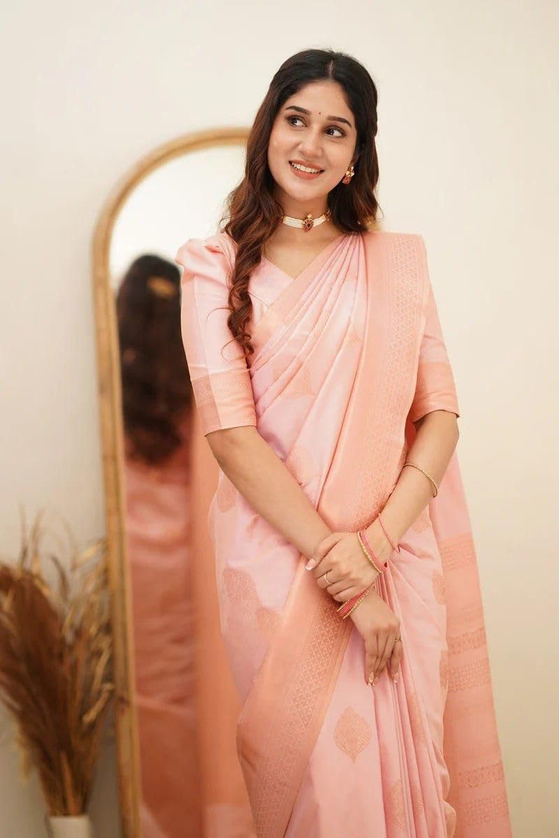 Vivatra Women Banarasi Soft Silk Saree | Jacquard Weaving with Rich Pallu & Border | Includ Matching Utitched Blouse Piece (VT-KP-6015-Light Pink) - Image 3