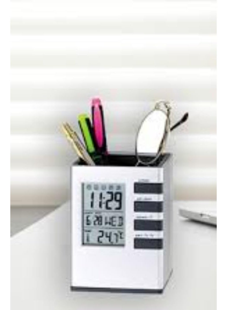 Pen Organizer Desk Digital Alarm Clock with LCD Display, Backlight, Multi-Mode Alarm, Temperature & Date Display, White - Image 2