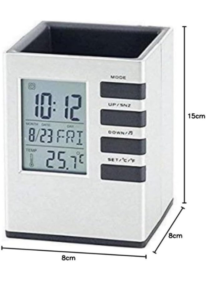 Pen Organizer Desk Digital Alarm Clock with LCD Display, Backlight, Multi-Mode Alarm, Temperature & Date Display, White - Image 4