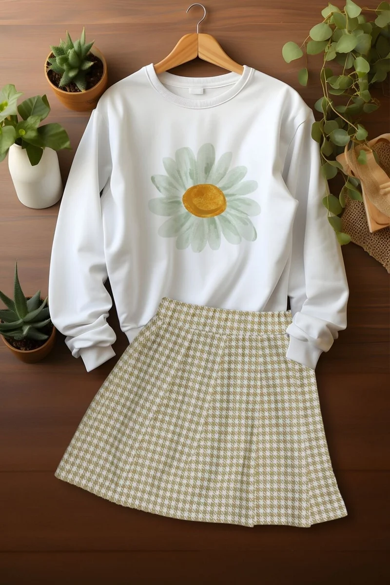 Ada Bebek Çocuk Ada Baby Kids Style Plaid Skirt Watercolor Daisy Patterned Sweat Skirt Set