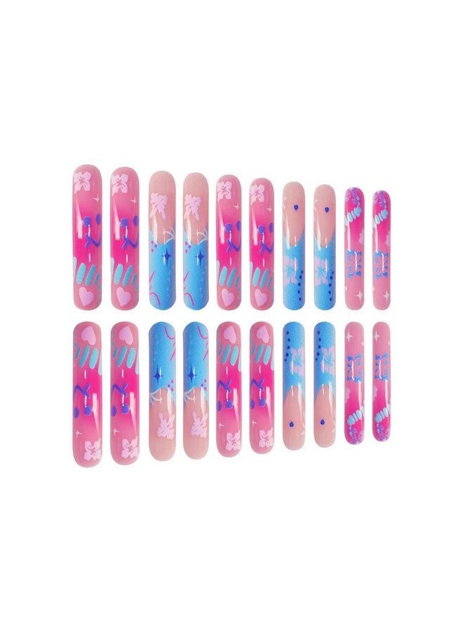 GRITOSE Curved Press on Nails Extra Long Square Fake Nails Blue Pink Gradient with Flower designs Acrylic French Tip Press ones Glossy Curve Fake Nails Reusable Full Cover Glue on Nails for Women24pcs - Image 3
