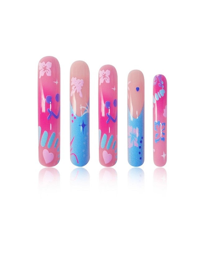 GRITOSE Curved Press on Nails Extra Long Square Fake Nails Blue Pink Gradient with Flower designs Acrylic French Tip Press ones Glossy Curve Fake Nails Reusable Full Cover Glue on Nails for Women24pcs - Image 5