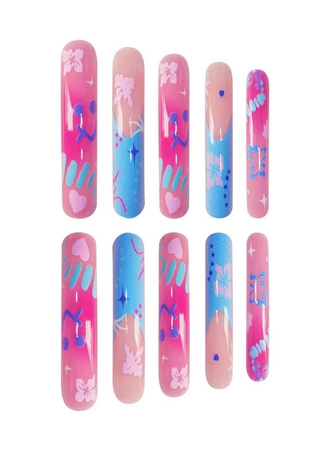 GRITOSE Curved Press on Nails Extra Long Square Fake Nails Blue Pink Gradient with Flower designs Acrylic French Tip Press ones Glossy Curve Fake Nails Reusable Full Cover Glue on Nails for Women24pcs - Image 4
