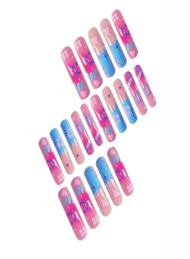 GRITOSE Curved Press on Nails Extra Long Square Fake Nails Blue Pink Gradient with Flower designs Acrylic French Tip Press ones Glossy Curve Fake Nails Reusable Full Cover Glue on Nails for Women24pcs - Image 2