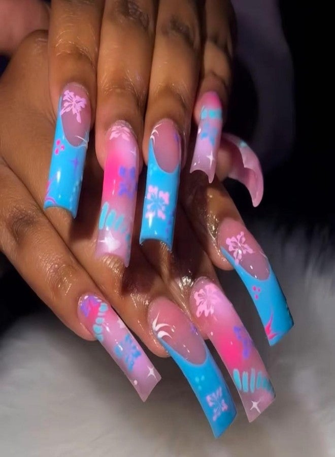 GRITOSE Curved Press on Nails Extra Long Square Fake Nails Blue Pink Gradient with Flower designs Acrylic French Tip Press ones Glossy Curve Fake Nails Reusable Full Cover Glue on Nails for Women24pcs - Image 1