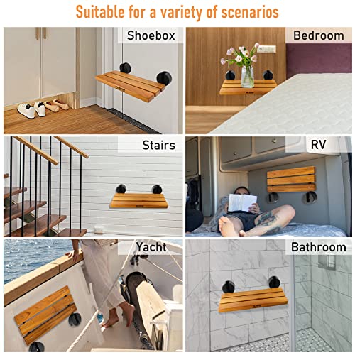 Flngr 20 inchs Teak Folding Shower Seat Wall Mounted,Fold Down Shower Bench for Small Shower Space, Home Care Teak Wood Stool for Inside Shower,Pregnants-Maximum Load 440lb,for Elderly, Adults - Image 5