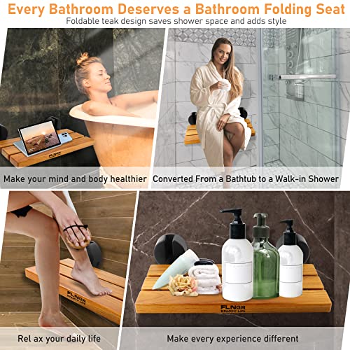 Flngr 20 inchs Teak Folding Shower Seat Wall Mounted,Fold Down Shower Bench for Small Shower Space, Home Care Teak Wood Stool for Inside Shower,Pregnants-Maximum Load 440lb,for Elderly, Adults - Image 2