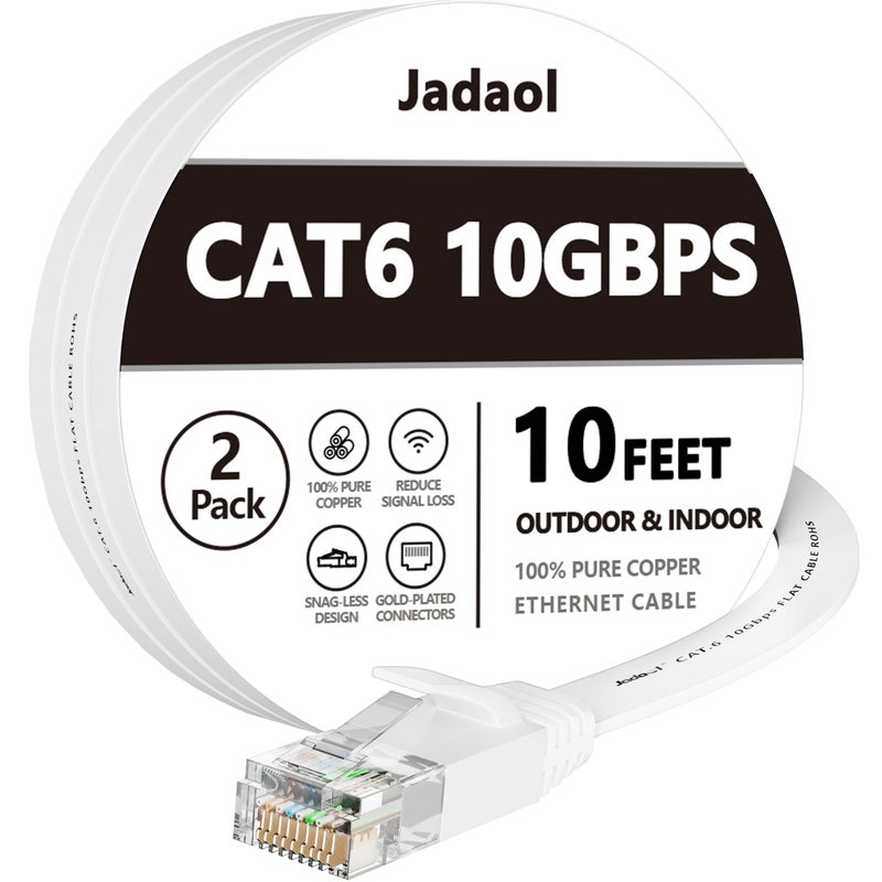Jadaol Cat 6 Ethernet Cable 10ft 2-Pack, 10Gbps Support Cat8 Cat7 Network, Flat High Speed LAN Internet Patch Cables, Short Ethernet Cables for Router, Modem, Switch, PC, Laptop, Gaming Console, White - Image 1