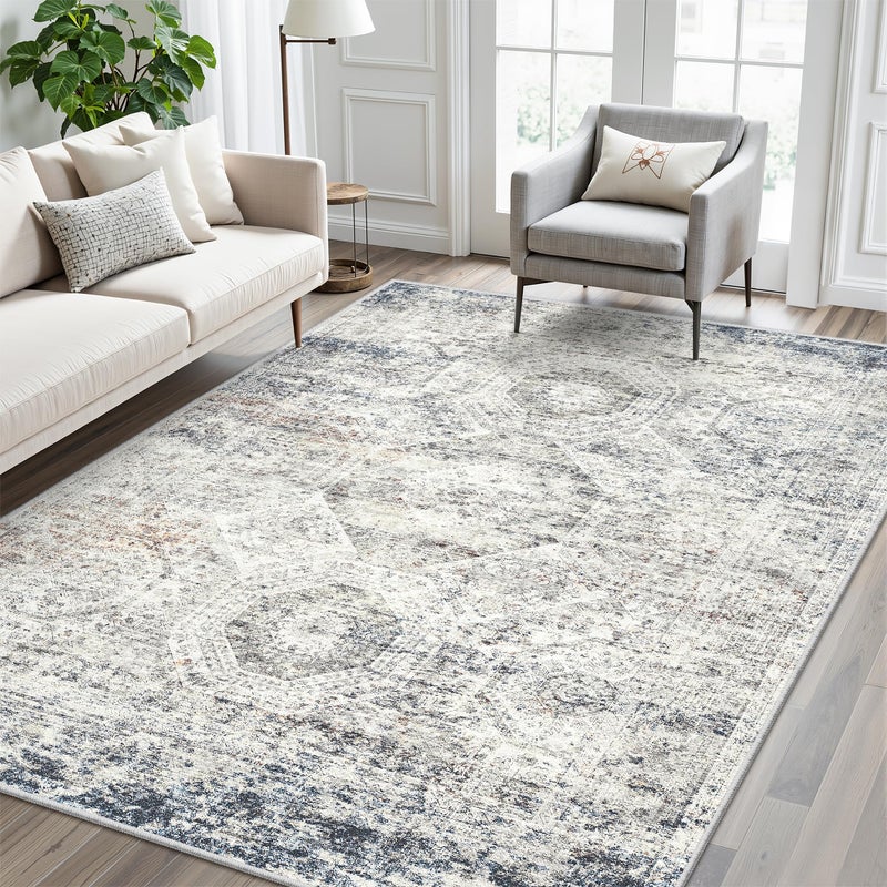Soalmost 5x7 Area Rugs Blue Ivory Low Pile Indoor Washable Trendy Faded Style Rugs for Bedroom Living Room Dining Room Foldable Non-Slip Thin Print Mat - Image 2