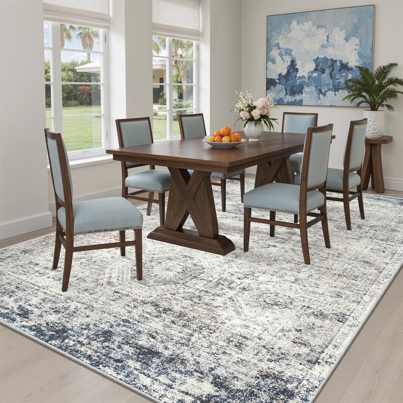 Soalmost 5x7 Area Rugs Blue Ivory Low Pile Indoor Washable Trendy Faded Style Rugs for Bedroom Living Room Dining Room Foldable Non-Slip Thin Print Mat - Image 4
