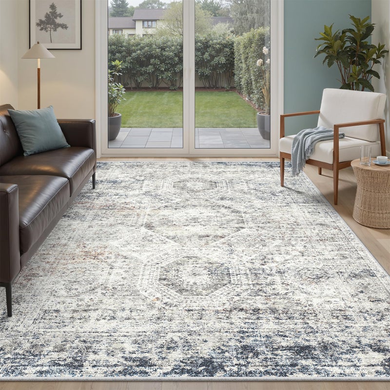 Soalmost 5x7 Area Rugs Blue Ivory Low Pile Indoor Washable Trendy Faded Style Rugs for Bedroom Living Room Dining Room Foldable Non-Slip Thin Print Mat - Image 1