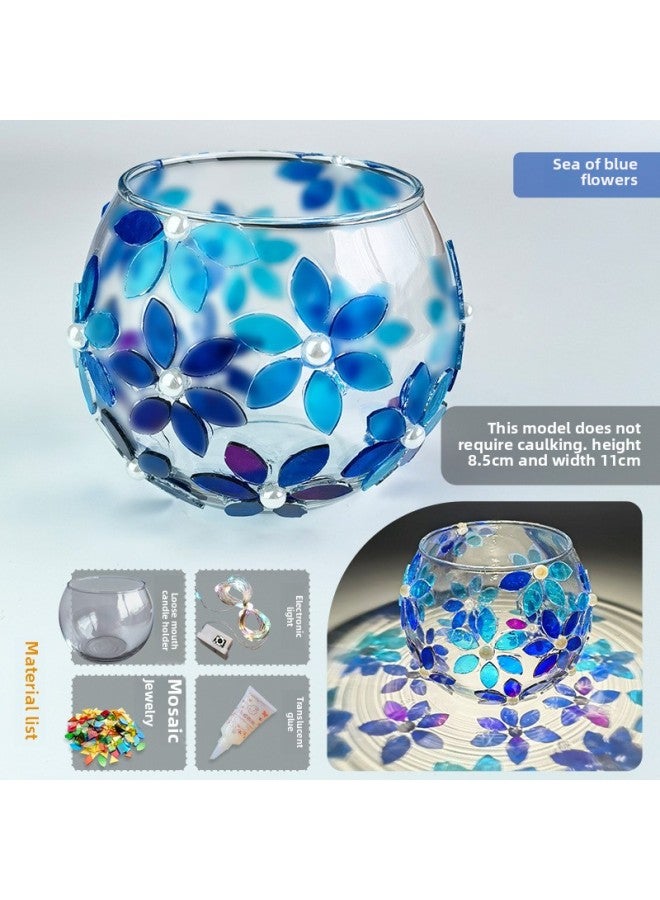 Loquat Handmade DIY Mosaic Lantern Material Bag Thanksgiving Lantern Candlestick Girl Toy Kindergarten Art Table Lamp-Color:Blue Flower Sea 【large Candlestick】 Ultra-thin Highly Transparent Mosaic Material - Image 1