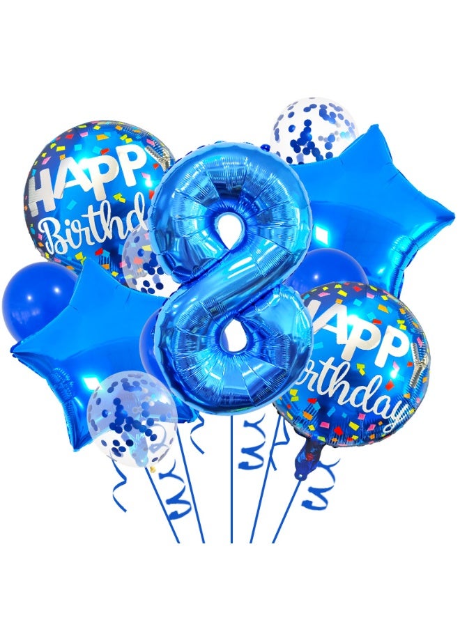 Blue Foil Balloon Set – 8th Birthday Party Decorations with Number 8 Balloon, Blue Confetti Balloons, Star Foil Balloons & Ribbon - Image 1