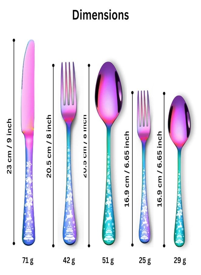 WE-CEF Rainbow Cutlery Set, 5-Piece Christmas Cutlery Set, Stainless Steel Silverware Sets, Kitchen Knives and Forks and Spoons, Flatware Set with Christmas Pattern Cutlery (5, Rainbow) - Image 2