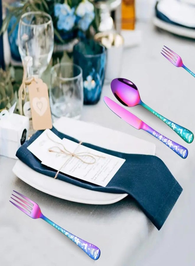 WE-CEF Rainbow Cutlery Set, 5-Piece Christmas Cutlery Set, Stainless Steel Silverware Sets, Kitchen Knives and Forks and Spoons, Flatware Set with Christmas Pattern Cutlery (5, Rainbow) - Image 4
