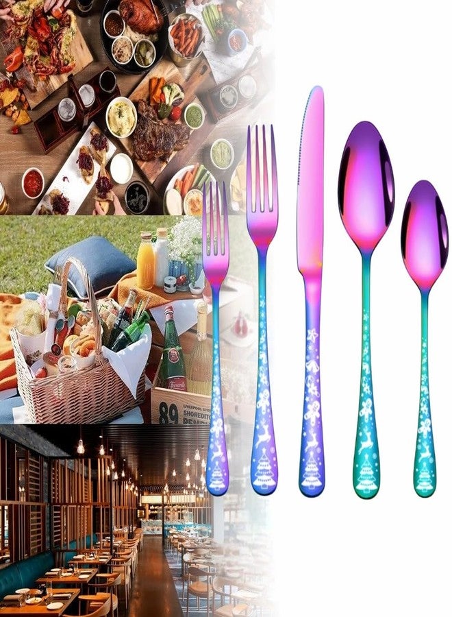 WE-CEF Rainbow Cutlery Set, 5-Piece Christmas Cutlery Set, Stainless Steel Silverware Sets, Kitchen Knives and Forks and Spoons, Flatware Set with Christmas Pattern Cutlery (5, Rainbow) - Image 3