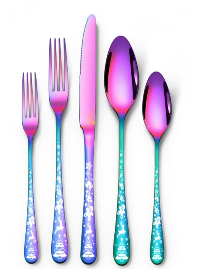 WE-CEF Rainbow Cutlery Set, 5-Piece Christmas Cutlery Set, Stainless Steel Silverware Sets, Kitchen Knives and Forks and Spoons, Flatware Set with Christmas Pattern Cutlery (5, Rainbow) - Image 1