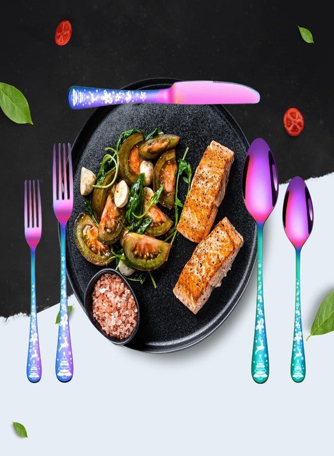 WE-CEF Rainbow Cutlery Set, 5-Piece Christmas Cutlery Set, Stainless Steel Silverware Sets, Kitchen Knives and Forks and Spoons, Flatware Set with Christmas Pattern Cutlery (5, Rainbow) - Image 5