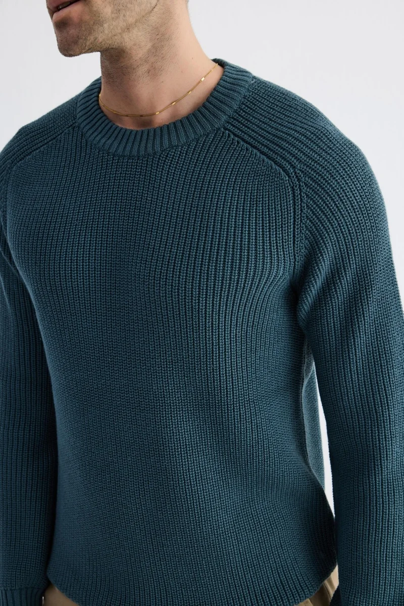 Odelon Men's Crew Neck Selanik Knitted Cotton Knitwear Sweater Petrol