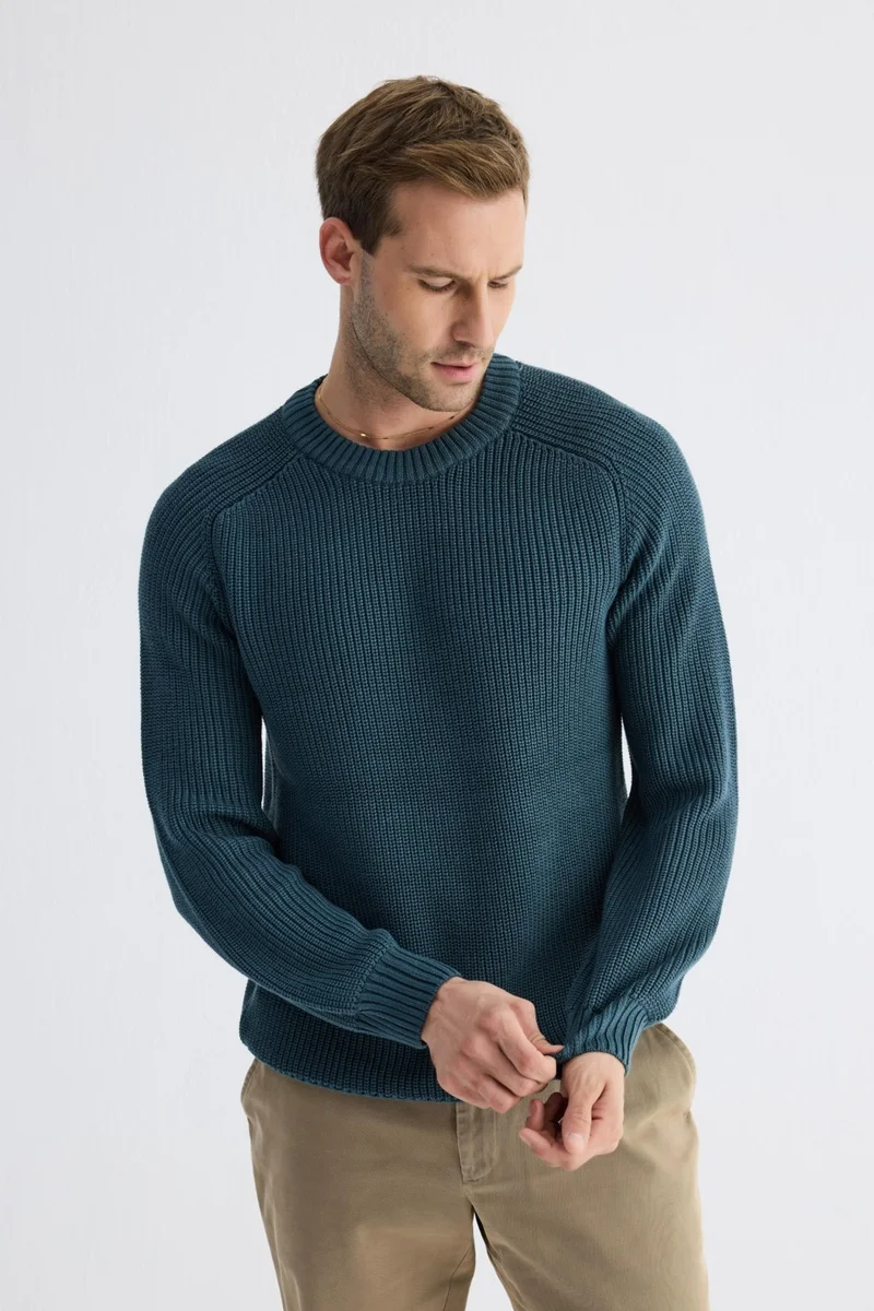 Odelon Men's Crew Neck Selanik Knitted Cotton Knitwear Sweater Petrol