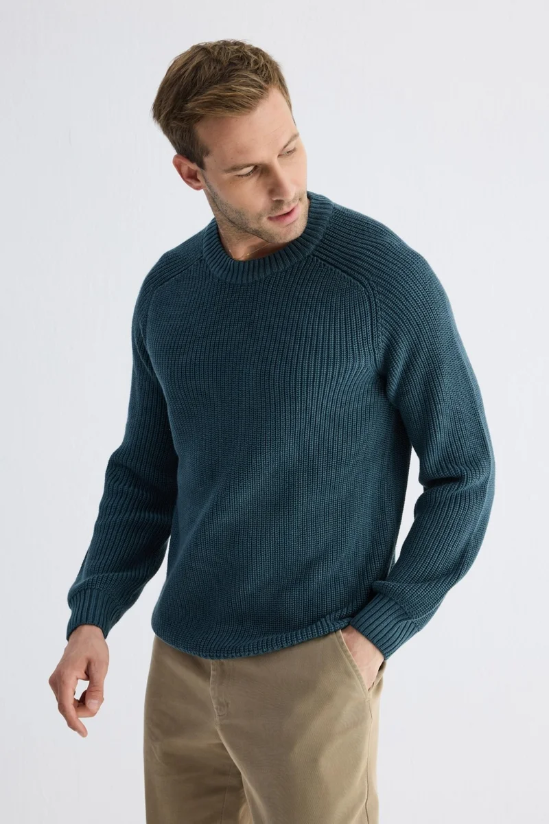 Odelon Men's Crew Neck Selanik Knitted Cotton Knitwear Sweater Petrol