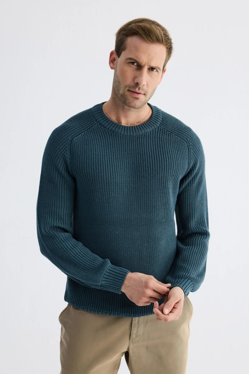 Odelon Men's Crew Neck Selanik Knitted Cotton Knitwear Sweater Petrol