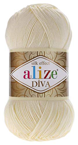Alize Diva Silk Effect 100% Microfiber Acrylic Yarn 1 Ball skeins 100gr 383yds Color (1 - Cream) - Image 1
