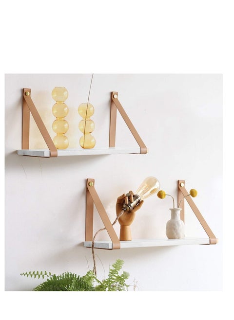 PU Biege Leather Strap Wall Floating Shelf white