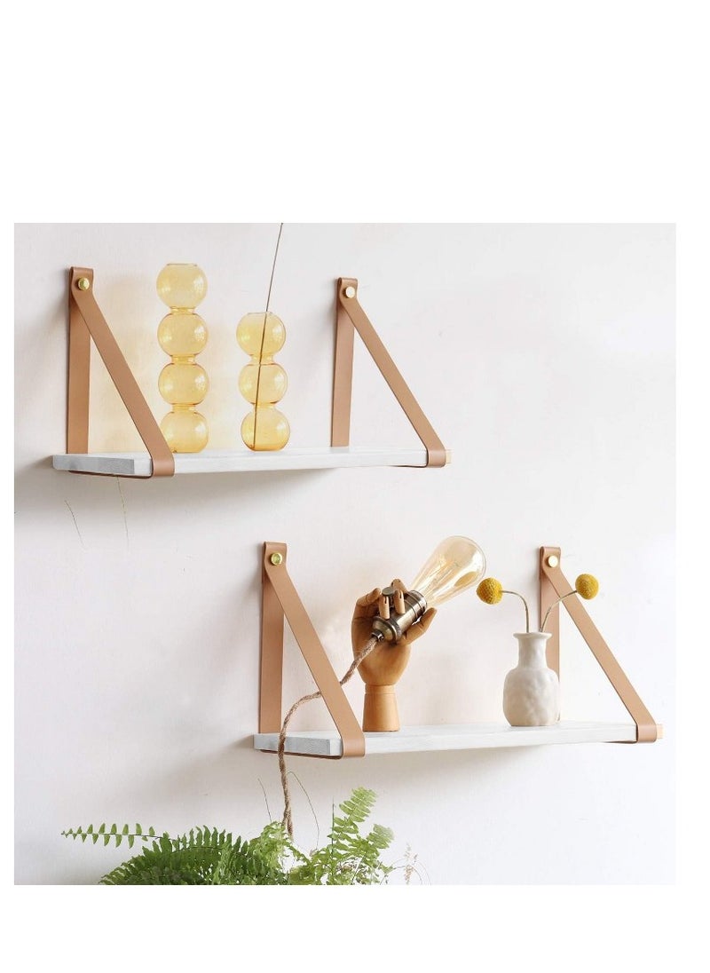 Home Gallery - PU Biege Leather Strap Wall Floating Shelf white - Image 1