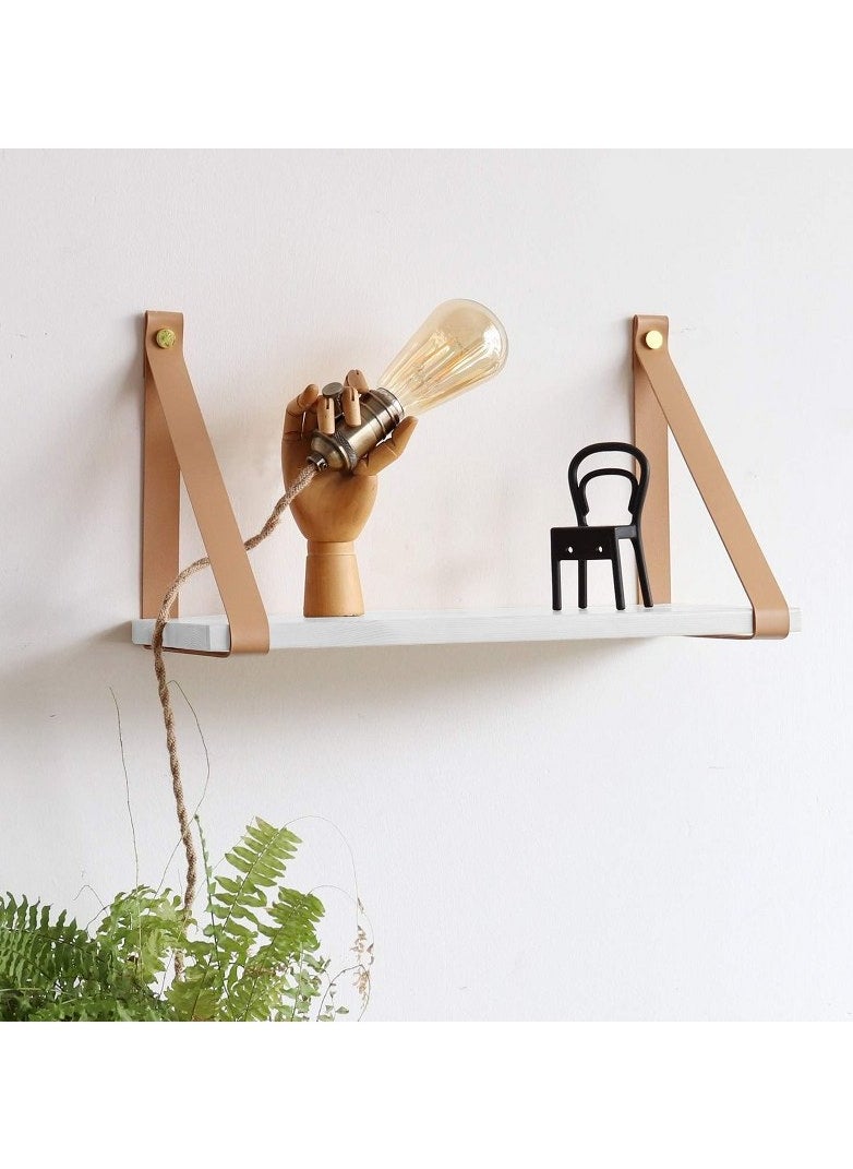 Home Gallery - PU Biege Leather Strap Wall Floating Shelf white - Image 1