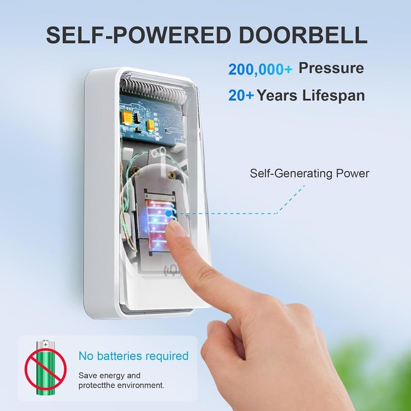 CANWUPON Wireless Doorbell - Self-Powered Door Bells No Battery Required for Home, Push Button Plug-through Waterproof Cordless Door Chime, up to 1300ft Range with 38 Ringtone, 120dB Extra Loud Doorbells - Image 2