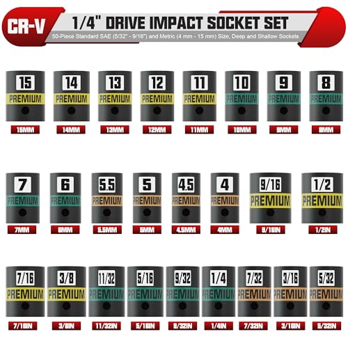 KIRXST 1/4" Drive Impact Socket Set, 50-Piece Standard SAE (5/32" - 9/16") and Metric (4 mm - 15 mm) Size, Deep and Shallow Sockets, Cr-V Steel, 6 Point, Auto Repair Bicycle Maintenance - Image 3