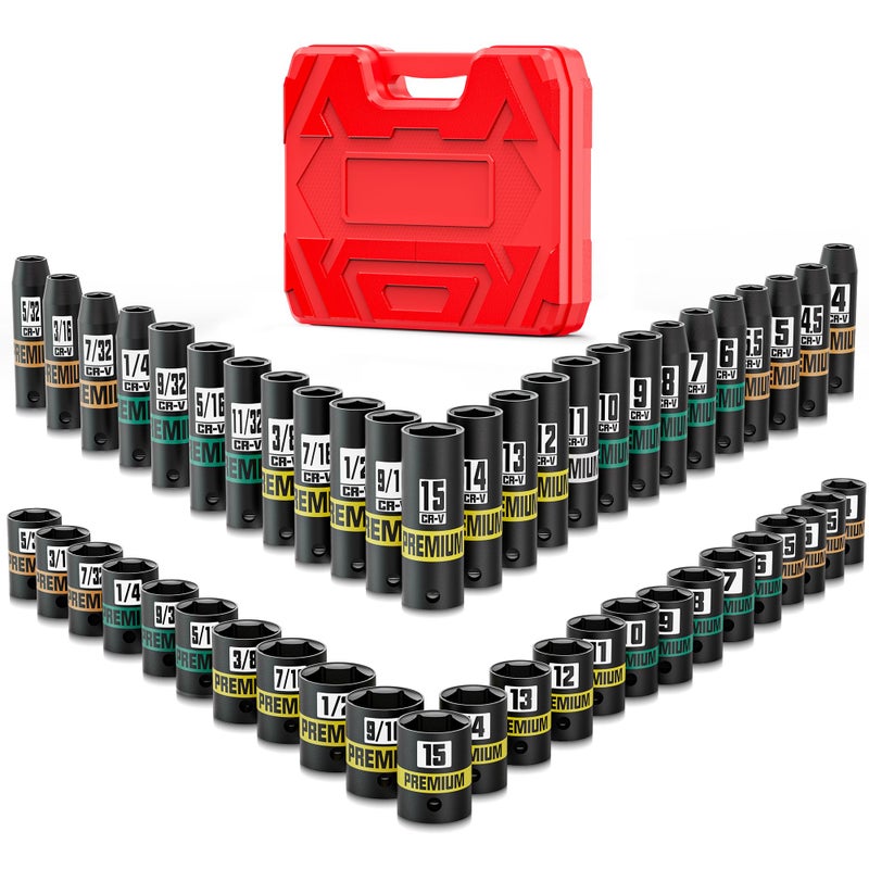 KIRXST 1/4" Drive Impact Socket Set, 50-Piece Standard SAE (5/32" - 9/16") and Metric (4 mm - 15 mm) Size, Deep and Shallow Sockets, Cr-V Steel, 6 Point, Auto Repair Bicycle Maintenance - Image 5