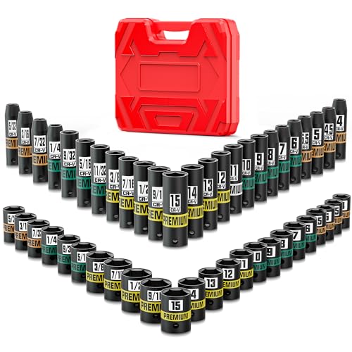 KIRXST 1/4" Drive Impact Socket Set, 50-Piece Standard SAE (5/32" - 9/16") and Metric (4 mm - 15 mm) Size, Deep and Shallow Sockets, Cr-V Steel, 6 Point, Auto Repair Bicycle Maintenance - Image 1
