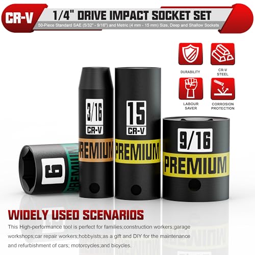 KIRXST 1/4" Drive Impact Socket Set, 50-Piece Standard SAE (5/32" - 9/16") and Metric (4 mm - 15 mm) Size, Deep and Shallow Sockets, Cr-V Steel, 6 Point, Auto Repair Bicycle Maintenance - Image 4