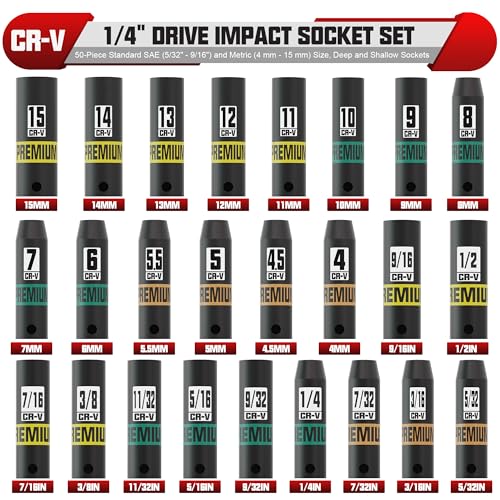 KIRXST 1/4" Drive Impact Socket Set, 50-Piece Standard SAE (5/32" - 9/16") and Metric (4 mm - 15 mm) Size, Deep and Shallow Sockets, Cr-V Steel, 6 Point, Auto Repair Bicycle Maintenance - Image 2
