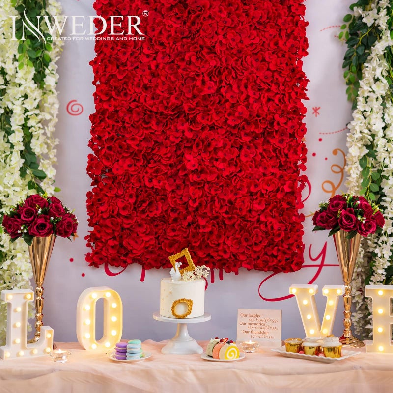 Inweder Flower Wall Panel Backdrop: 12 Pcs 24 x 16 Inch Red Artificial Hydrangea Floral Panels - Image 3