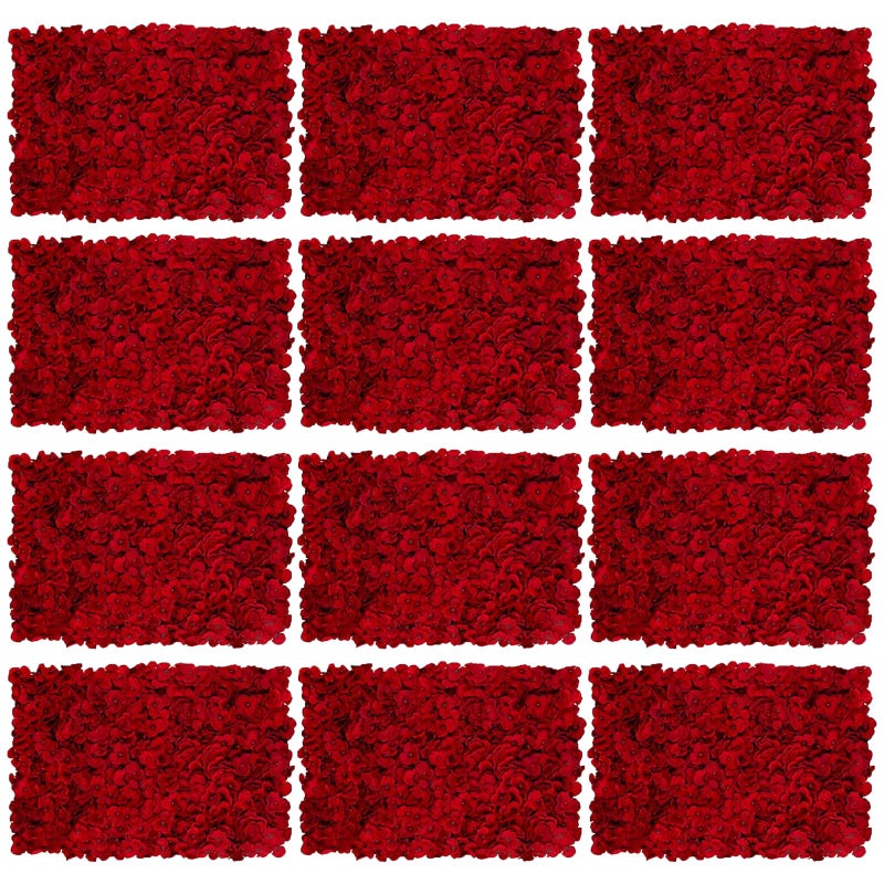 Inweder Flower Wall Panel Backdrop: 12 Pcs 24 x 16 Inch Red Artificial Hydrangea Floral Panels - Image 1
