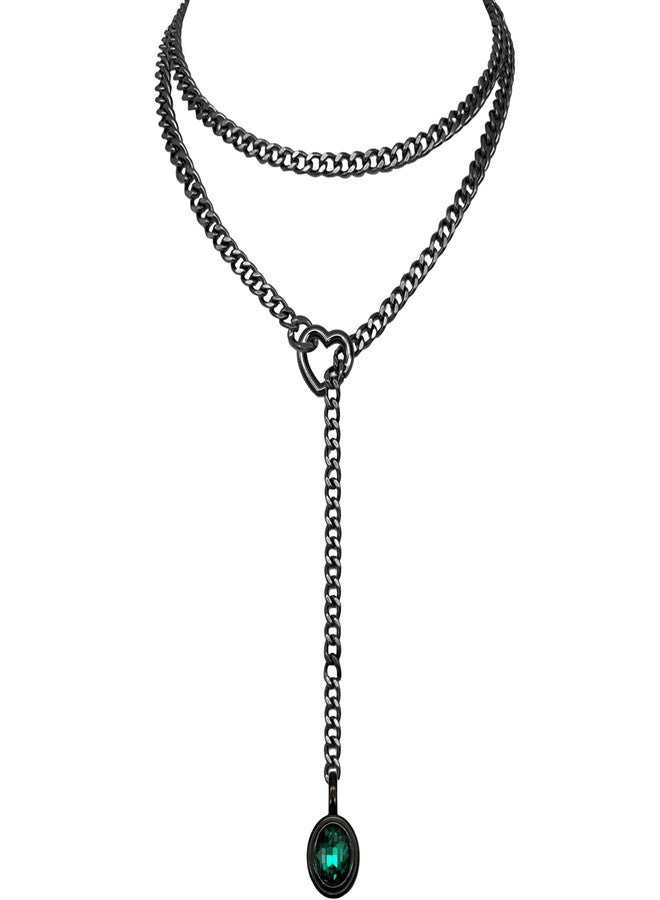EverGlimp Heart Slip Chain Necklace for Women, 39 Inch Cuban Chain, Removable Heart O-Ring, Crystal Pendant, Adjustable Stainless Steel Y-Necklace (Black-Green) - Image 1