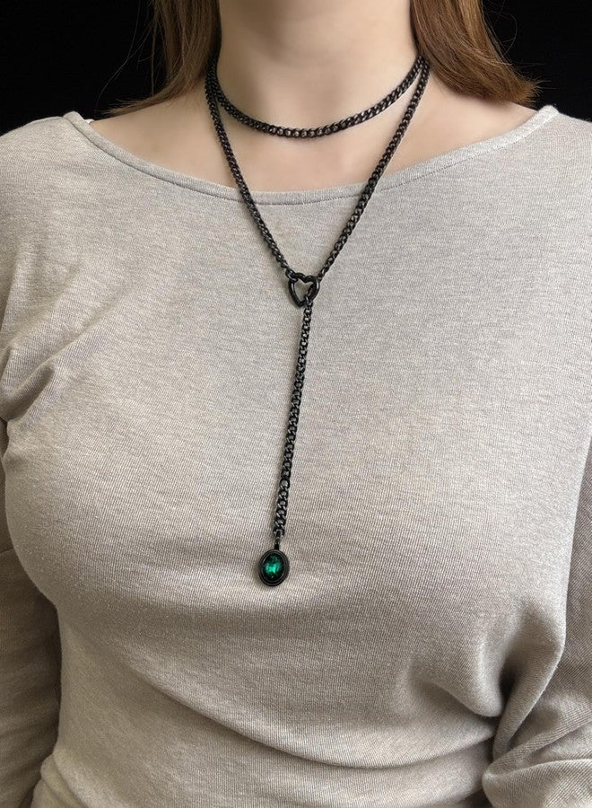 EverGlimp Heart Slip Chain Necklace for Women, 39 Inch Cuban Chain, Removable Heart O-Ring, Crystal Pendant, Adjustable Stainless Steel Y-Necklace (Black-Green) - Image 2