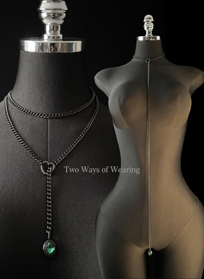 EverGlimp Heart Slip Chain Necklace for Women, 39 Inch Cuban Chain, Removable Heart O-Ring, Crystal Pendant, Adjustable Stainless Steel Y-Necklace (Black-Green) - Image 4