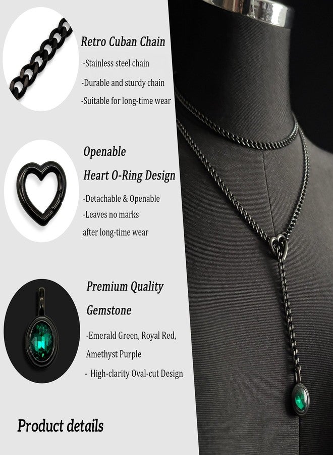 EverGlimp Heart Slip Chain Necklace for Women, 39 Inch Cuban Chain, Removable Heart O-Ring, Crystal Pendant, Adjustable Stainless Steel Y-Necklace (Black-Green) - Image 3