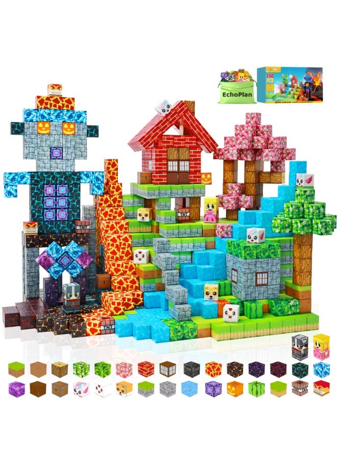 EchoPlan Magnetic Blocks-150PCS Fun Castle Magnetic Building Blocks Magnetic Cubes Stacking, Build Magnetic Blocks Set, STEM Sensory Toys for Kids Boys Girls Ages 3 4 5 6 7 8 9 10， Perfect Gifts for Kids - Image 1