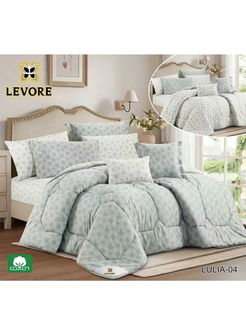 LEVORE 8-piece bedspread set, 100% soft cotton, floral pattern, double-sided, summer style, with filling and fastener, suitable for a 200x200 bed.