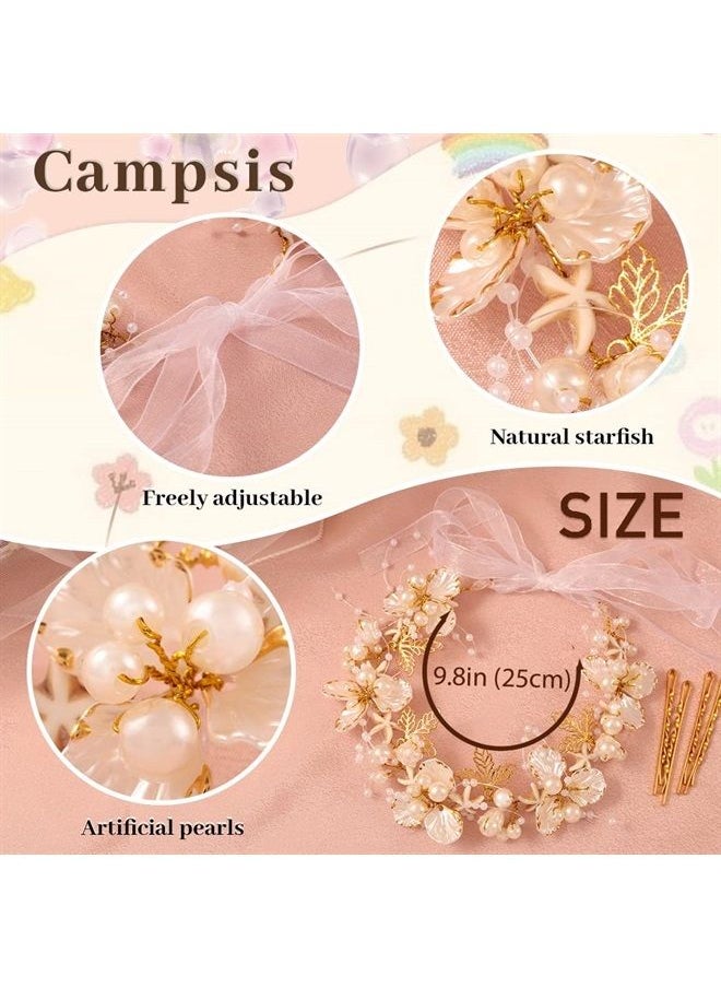 Wedding Pearl Flower Girl Headpiece Gold Starfish Leaves Princess Girl Headband for Communion Alloy Seashells Wedding Hair Accessories Prom Birthday for Women Girls